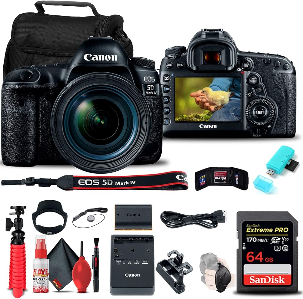 Canon EOS 5D Mark IV DSLR Camera with 24-70mm f/4L Lens (1483C018) + 64GB Memory Card + Card Reader + Case + Flex Tripod + Hand Strap + Cap Keeper + Memory Wallet + Cleaning Kit (Renewed)