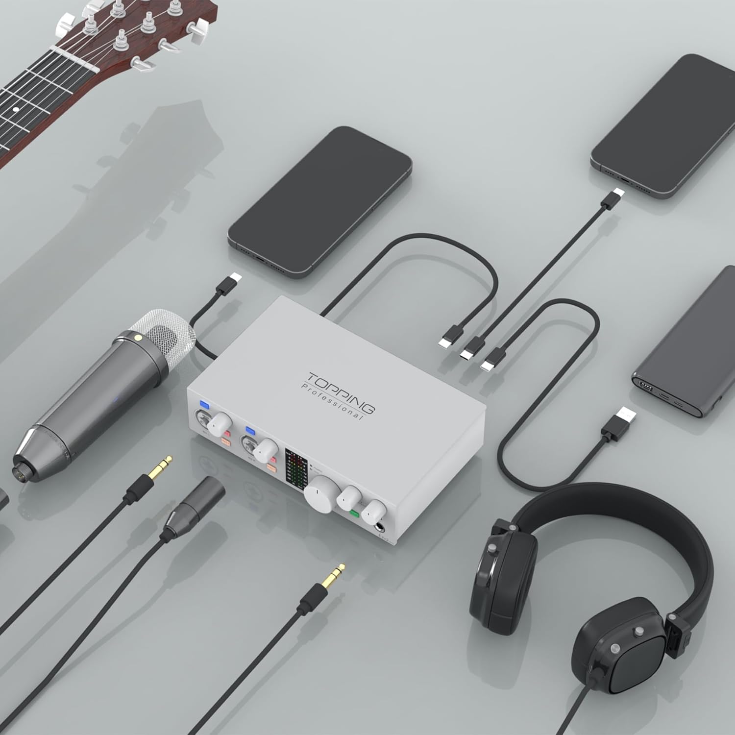 TOPPING E2x2 OTG USB Audio Interface - Ultra-Linear Preamp & Powerful Headphone Amp,Optical Output, Dual Mobile Streaming, Zero-Latency, 192kHz/24bit Recording, PC/Mobile Compatible(White)