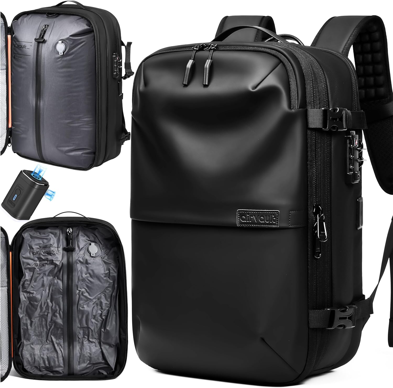 AirVault Vacuum Seal Travel Backpack 60L with Expandable HyperSeal Air Compression Vacuum System Water Resistant TSA Lock (Vacuum Pump Included, Black, 60L)