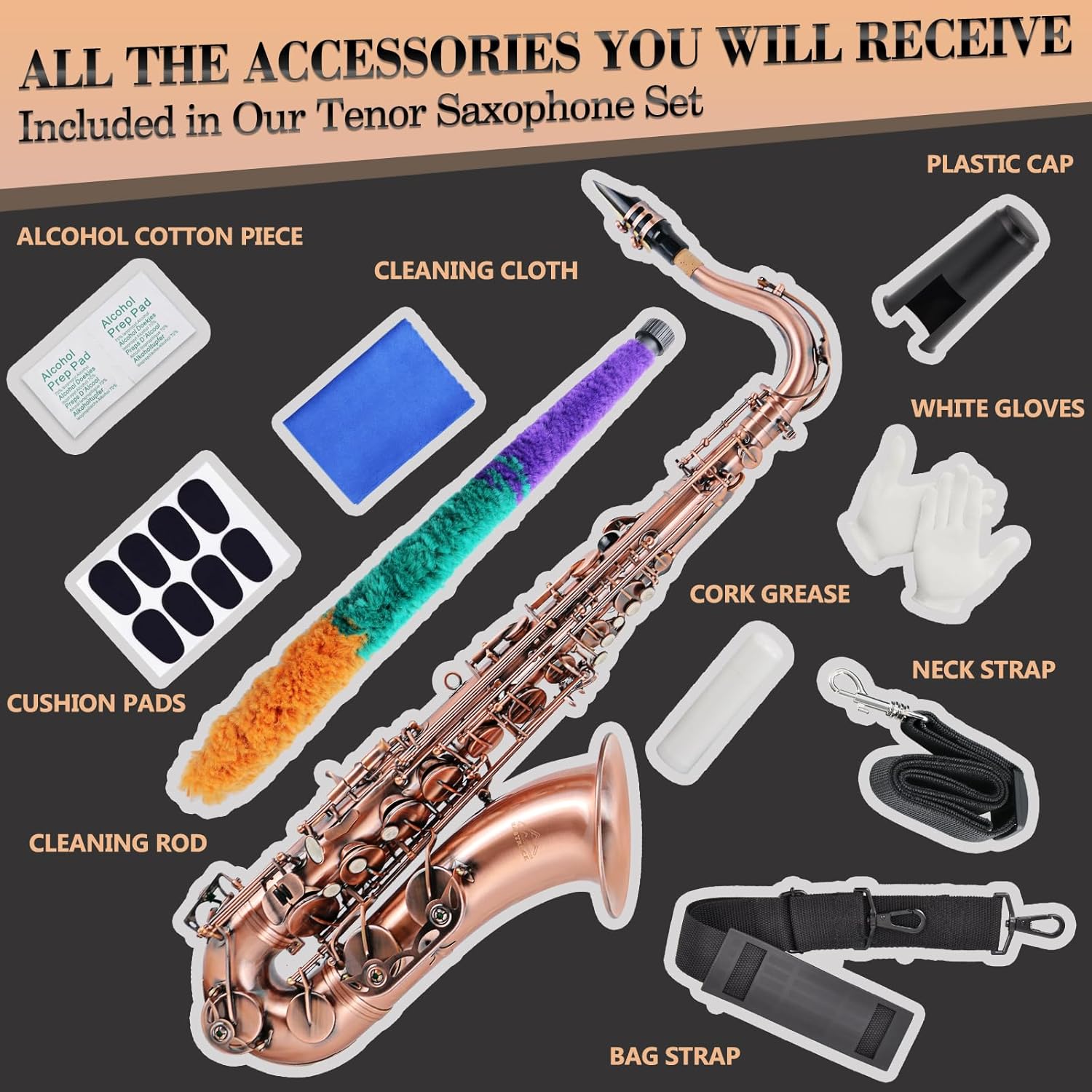 EASTROCK Tenor Saxophone Red Antique Copper B Flat Tenor Sax Professional Tenor Saxophone for Beginners Students and Musicians with Carrying Case,Mouthpiece,Reeds,Cleaning Kit,Neck Strap