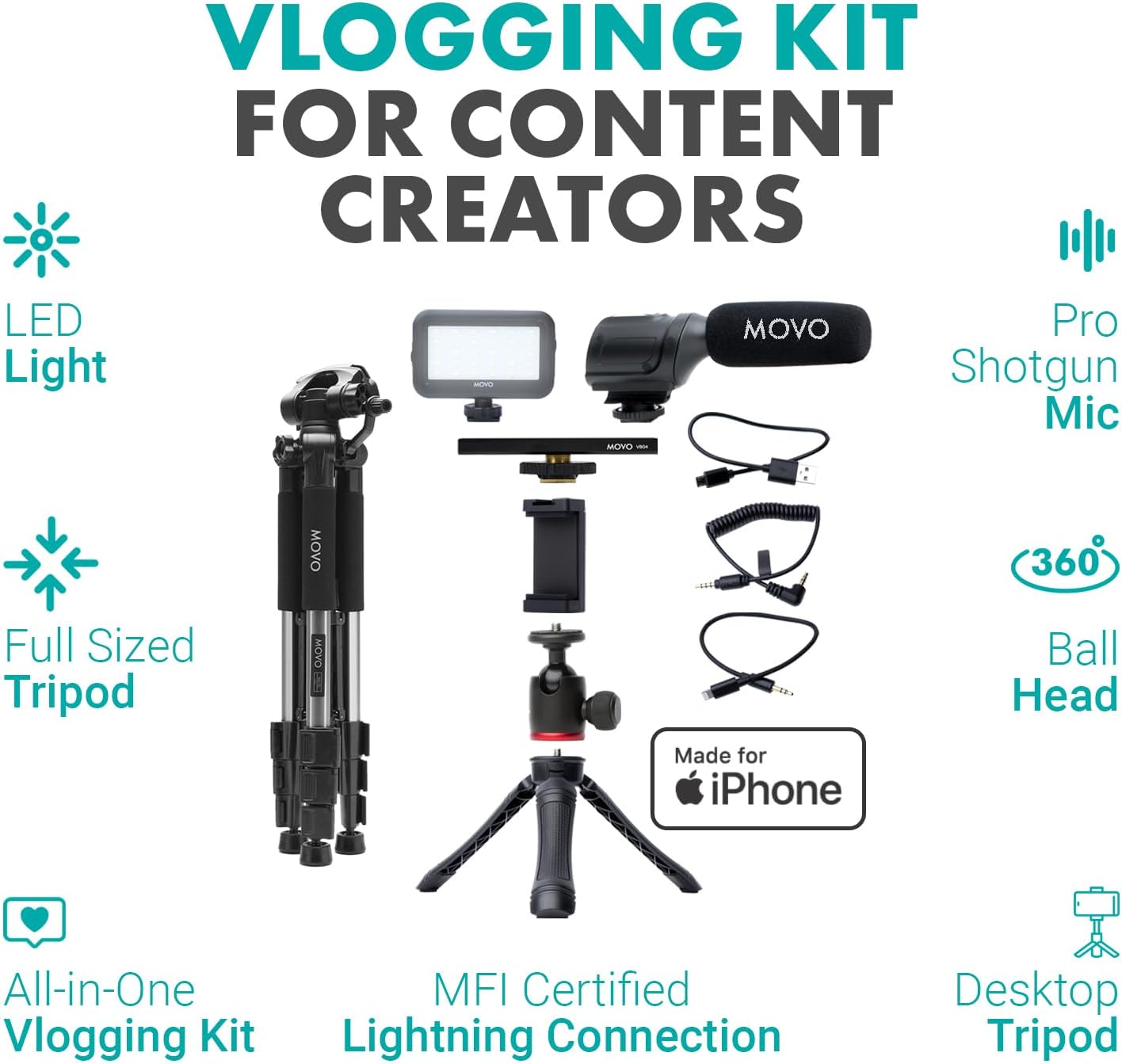 Movo iVlogger Vlogging Kit for iPhone with Fullsize Tripod - Lightning Compatible YouTube Starter Kit for Content Creators - Accessories: Tripods, Phone Mount, LED Light and Shotgun Mic