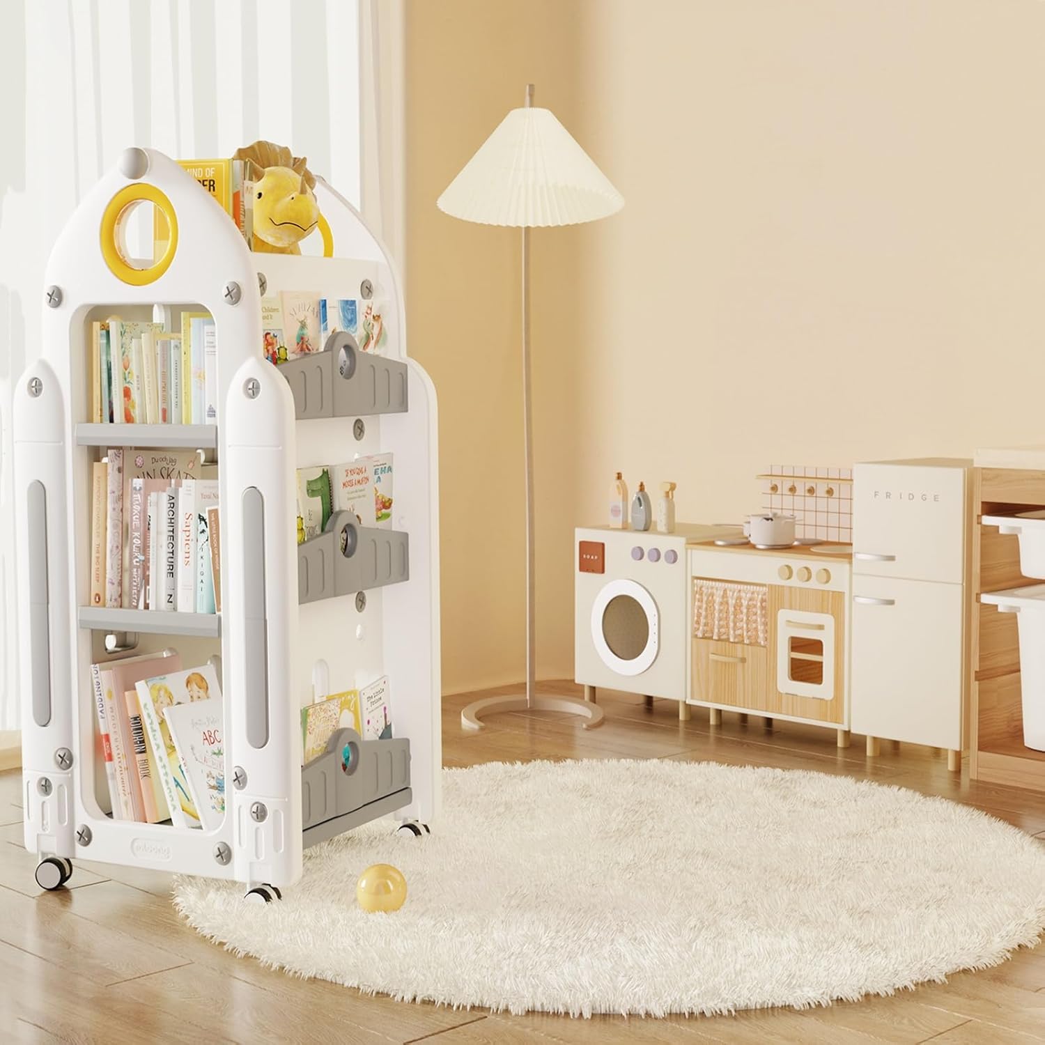 Mobile Kids Bookshelf, Storage Organizer, Rolling Bookcase with Wheels, 360° Display Floor Standing Book Shelf, for Living Room, Office, Bedroom Decor(Gray)