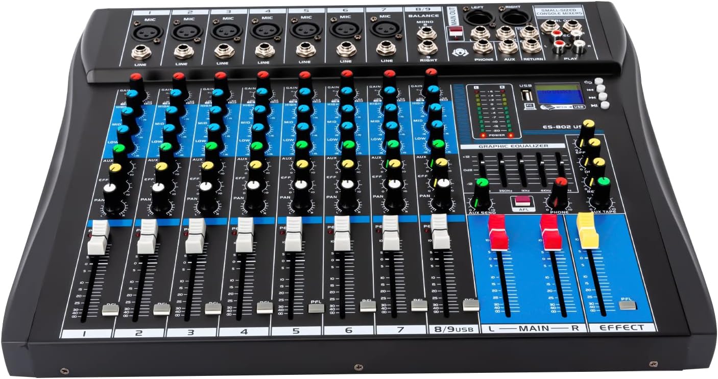 8 Channel Professional Powered Mixer, 48V USB Bluetooth Audio Interface Phantom Power Mixer, Metal Live Mixer Professional DJ Console Mixer Use for Home KTV, Campus Language, Conferences