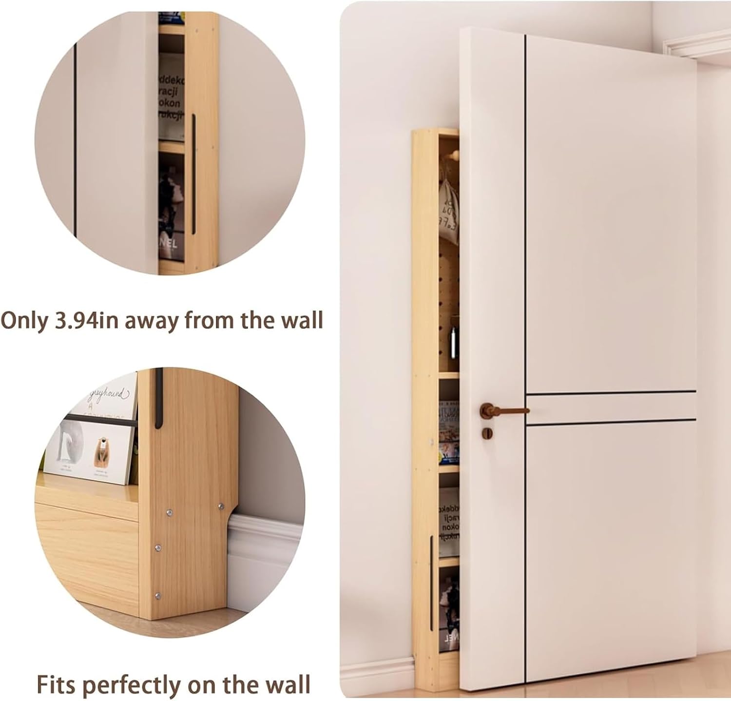 3.94in Behind Door Bookshelf Compact area 16 20 35 40 47in L Floor Bookcases Display Wall Mount Shelf Perforated Board Large Capacity Book Shelf for Books Magazine Racks CDs Small Items(Natural,31.5x3