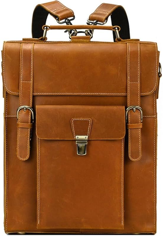 Genuine Crazy Horse Leather Backpack, Travel & Business Daypack for Commuter Work, Casual Brown Laptop Bag Gift Box (Brown)