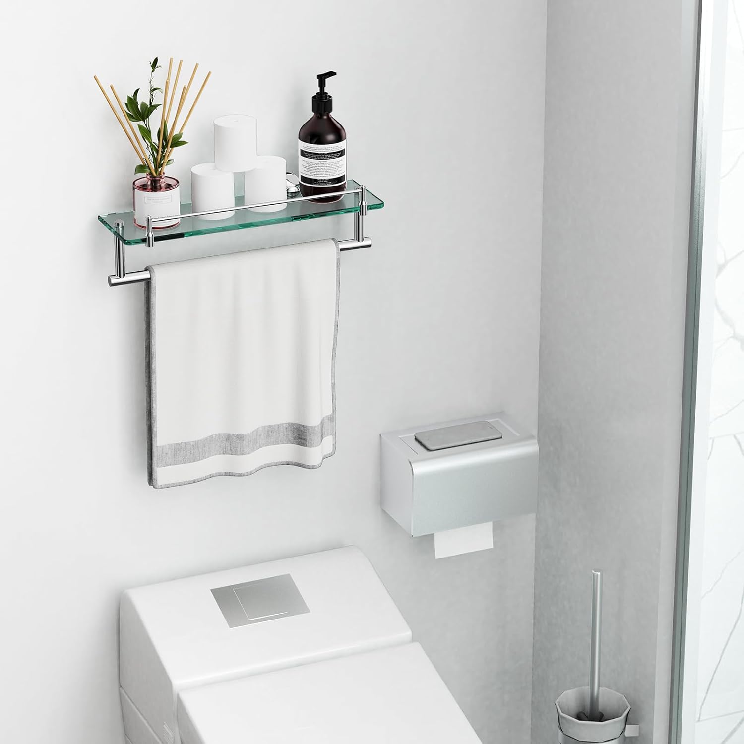 Bathroom Glass Shelf Wall Mount 2 Pack, 16-Inches Floating Glass Shelves,Glass Shelf with Towel Bar (Chrome Polished)