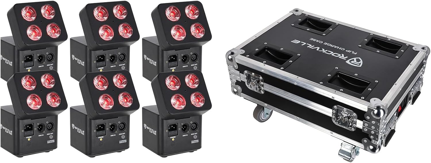Rockville FLIP Charge Pack Black 6 Par Wash Up Lights+Charging Case - Wireless DMX, 4 Group WiFi App, 15 Hour Battery, Easy Angle Adjustment