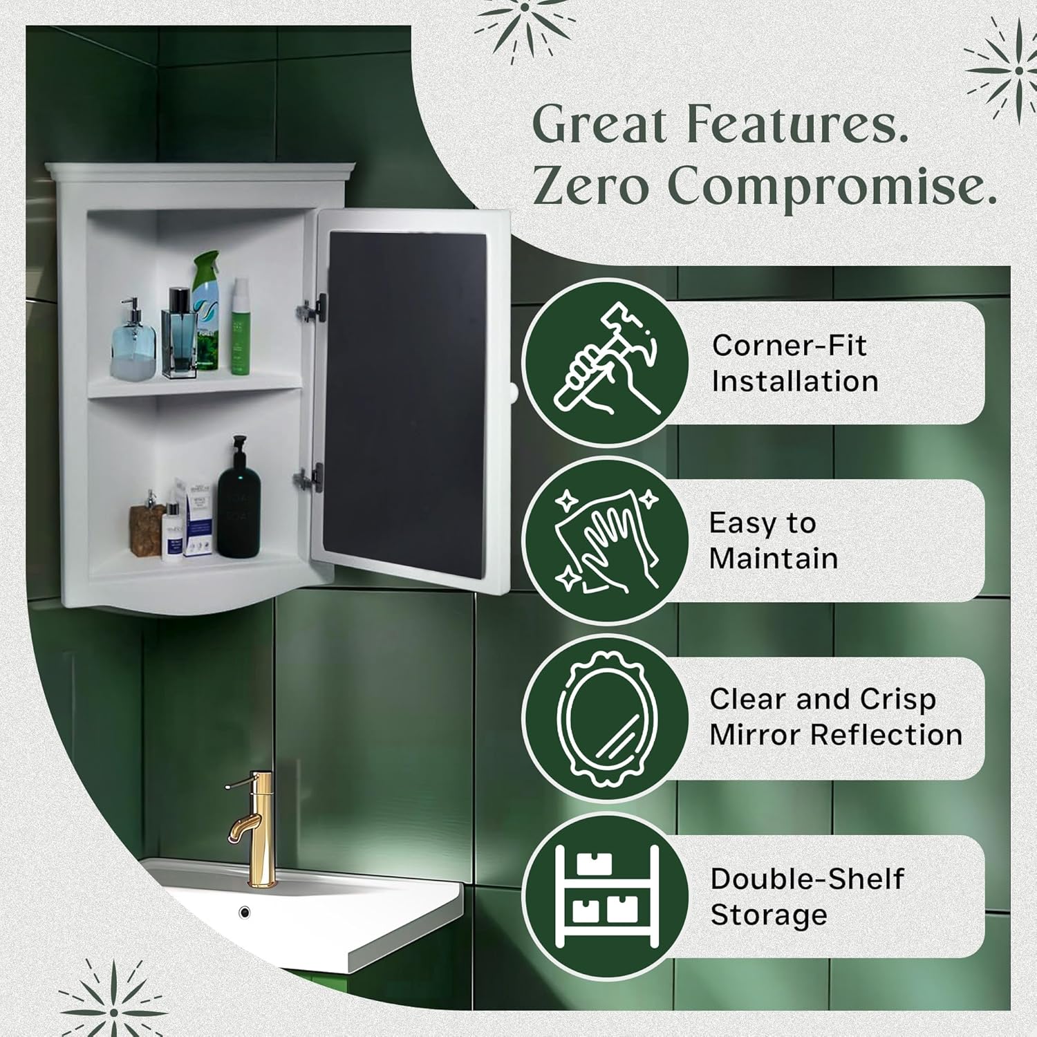 Renovators Supply Manufacturing White Corner Wall Mount Medicine Cabinet with Mirror Wooden Bathroom Storage 27 X 20 Inches Double Shelf Storage Cabinet Pre-Assembled with Hardware