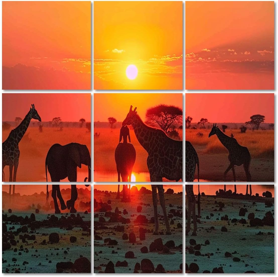 Art Acoustic Panels Self Adhesive Africa big5 elephants giraffes sunset sunrise sky 9 Packs Decorative Soundproof Wall Panels Large Sound Absorbing Panels for Home Office 60