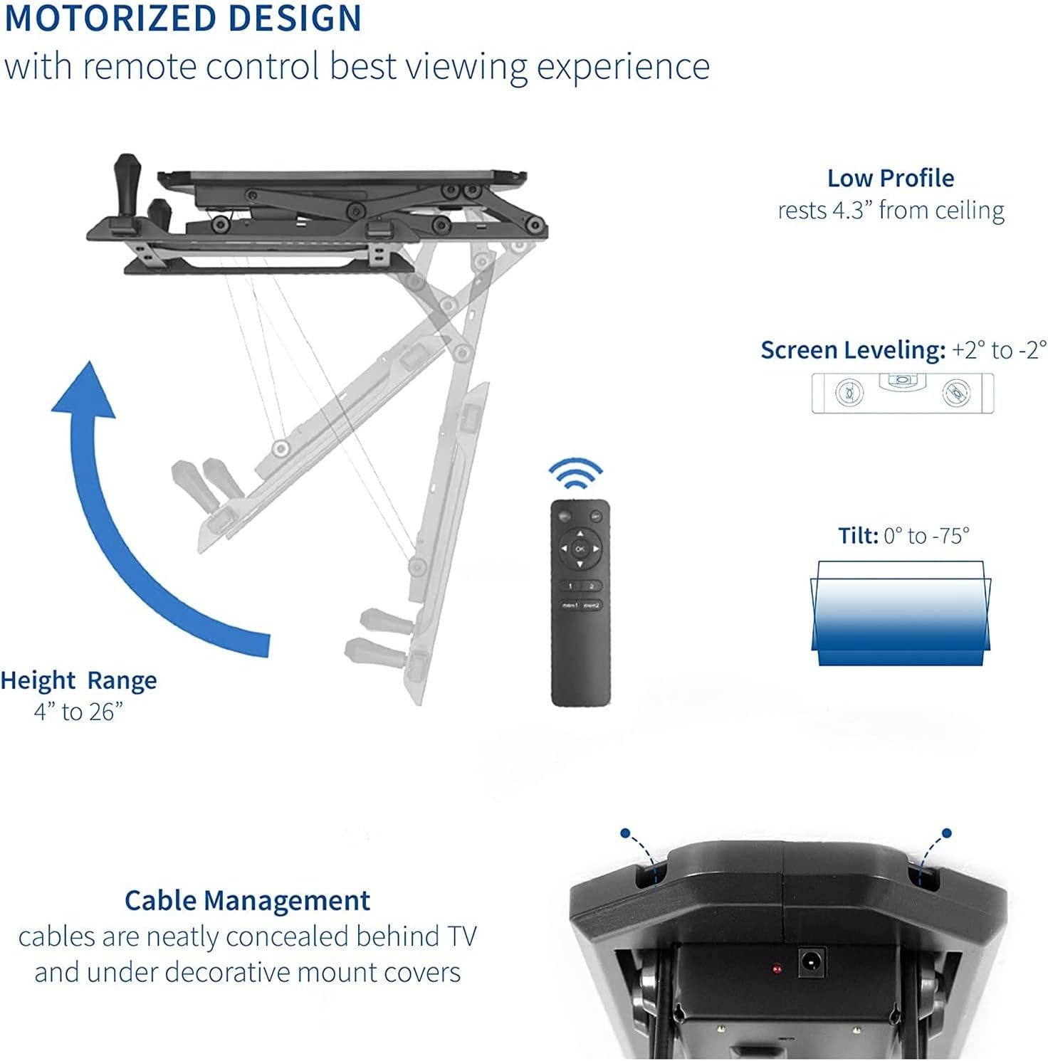 TV Stand,tv Wall Mount TV Ceiling Mount, Tilt Motorized TV Bracket with Intelligent Memory Function, 75° Flip Down, Fits 32-70inch Low Profile TVs, Mount On Ceilings