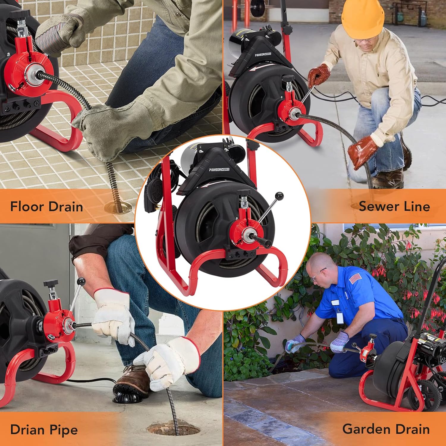 PIONEERWORKS 75Ft x 1/2 In Auto-feed Drain Cleaner Machine 5.8A, Electric Drain Auger Professional for 2 to 4 Inch Pipes, with 6 Cutters, GloveS, Drain Auger Cleaner Sewer Snake