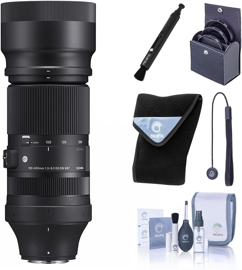 Sigma 100-400mm f/5-6.3 DG DN OS Contemporary Lens for Fujifilm X, Bundle with 67mm Filter Kit, Lens Wrap, Lens Cleaner, Lens Cap Tether and Cleaning Kit