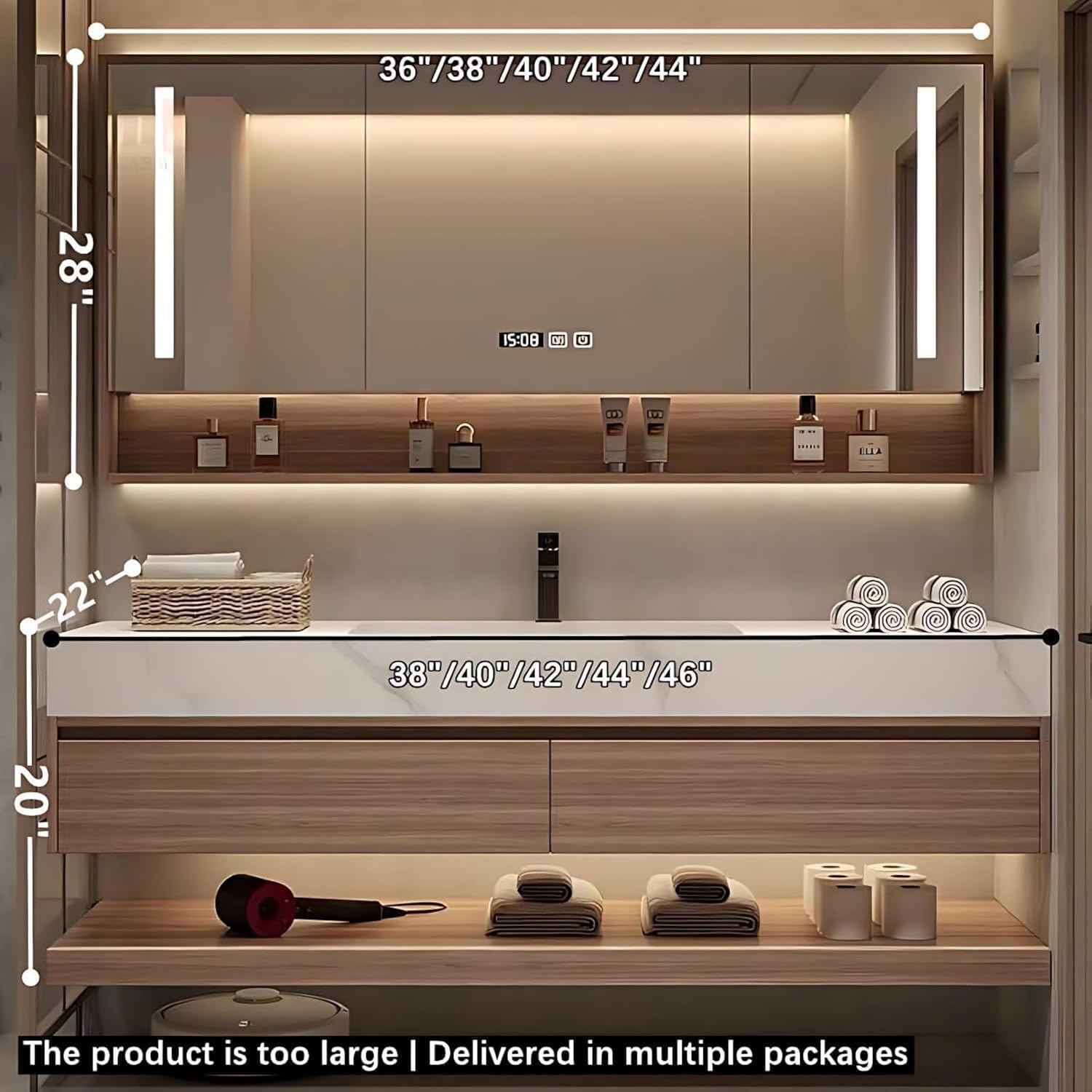 42 in Stylish Bathroom Vanity with Sink - Floating Bathroom Vanity Set - Includes Smart Defogging Mirror Cabinet & Faucet - Multi-Layer Solid Wood Material - Wall Mount