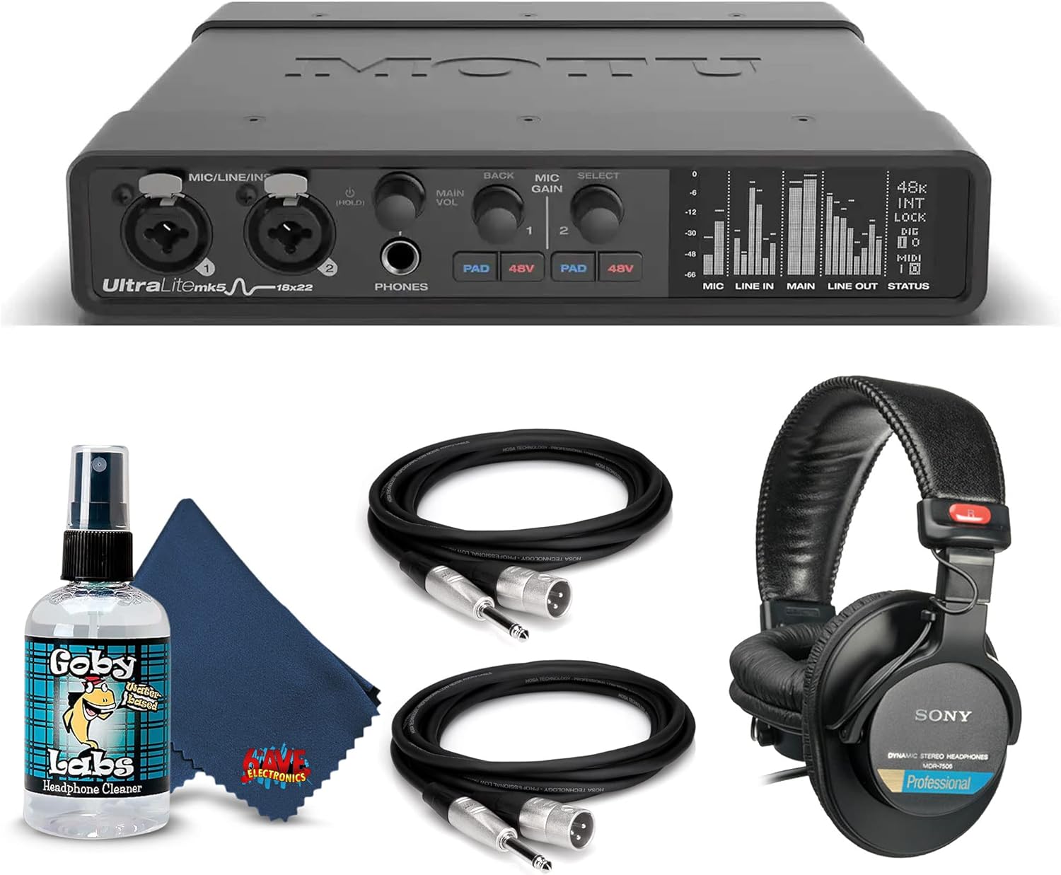 MOTU UltraLite-mk5 USB Audio Interface Bundle with Headphone, XLR Cables, and 6Ave Cleaning Kit