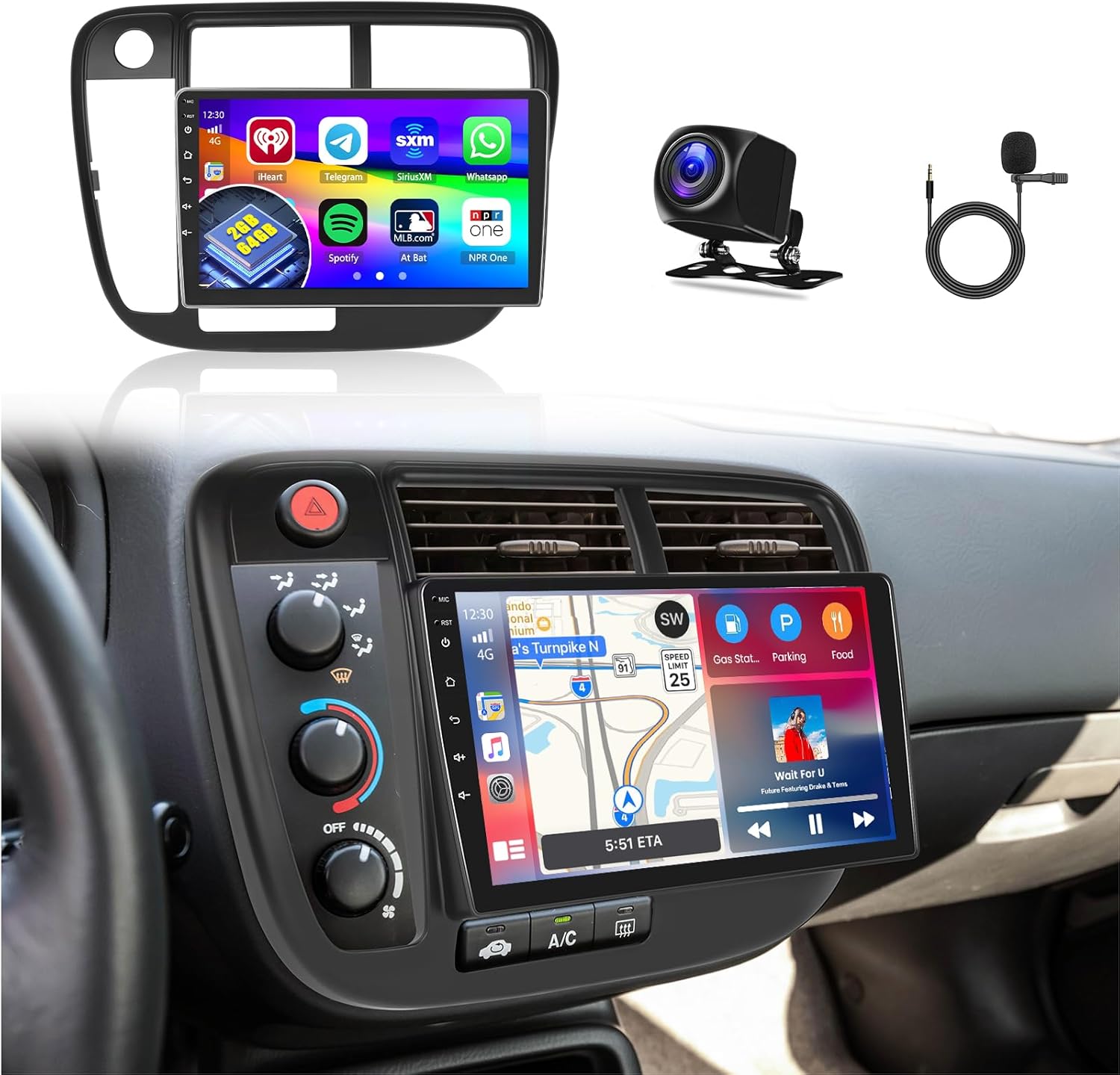 [2G+64G] Android 15 Car Stereo for Honda Civic 1996-2000 with Wireless CarPlay Android Auto, 9 Inch HD Touch Screen with WiFi GPS Bluetooth FM/RDS Radio SWC USB Backup Camera MIC