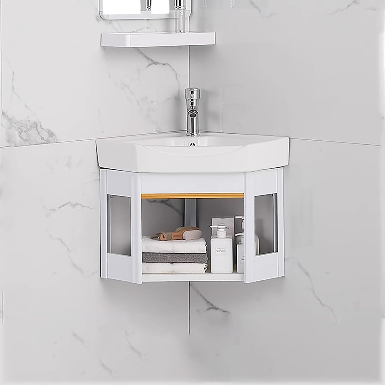 Small Corner Bathroom Vanity Cabinet,With Corner Mirror Cabinet,Corner Wall Mount Bathroom Sink,for Small Space Wall Mounted Cabinet Set Design,with Faucet Hole. ( Size : Low configuration , Color : D