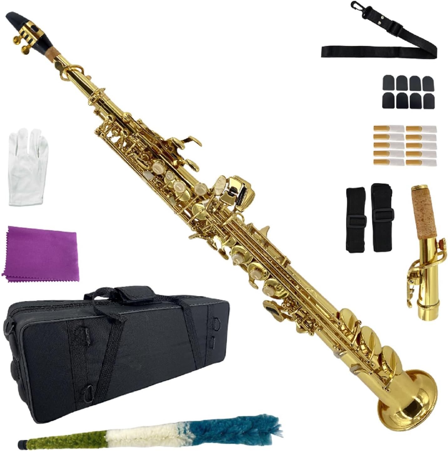 Bb Soprano Saxophone Straight Gold Sax Instruments for Beginners Students with Mouthpiece Carrying Case Straps 10Reeds (gold)