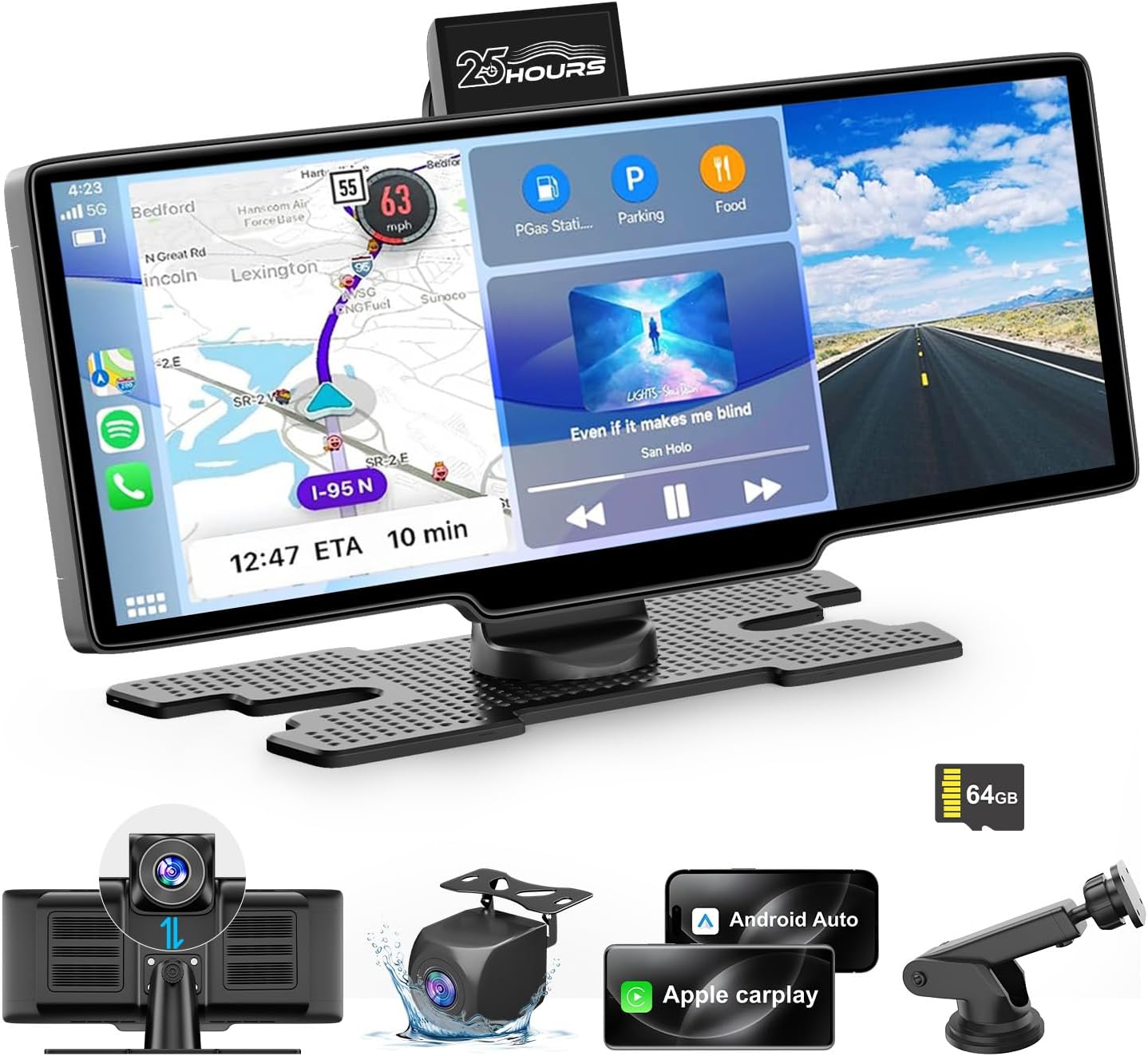 HK3 Carplay Screen for Car, 10.26’’ Wireless Apple Car Play & Android Auto Touch Screen, 4K Dash Cam, 1080P Backup Camera, Car Stereo, GPS Navigation/Mirror Link/Bluetooth/Voice Control, Plug and Play