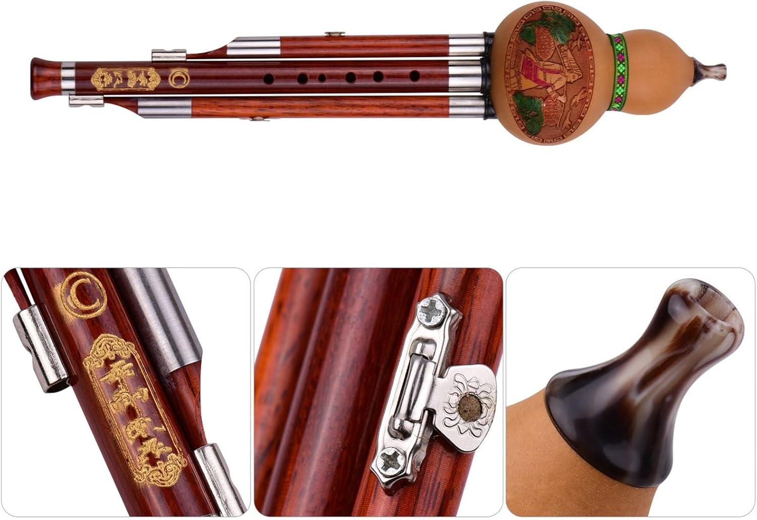 FLFL Hulusi 3 Tone C-Key Hulusi Cucurbit Flute Solid Wood Pipes with Carry Case