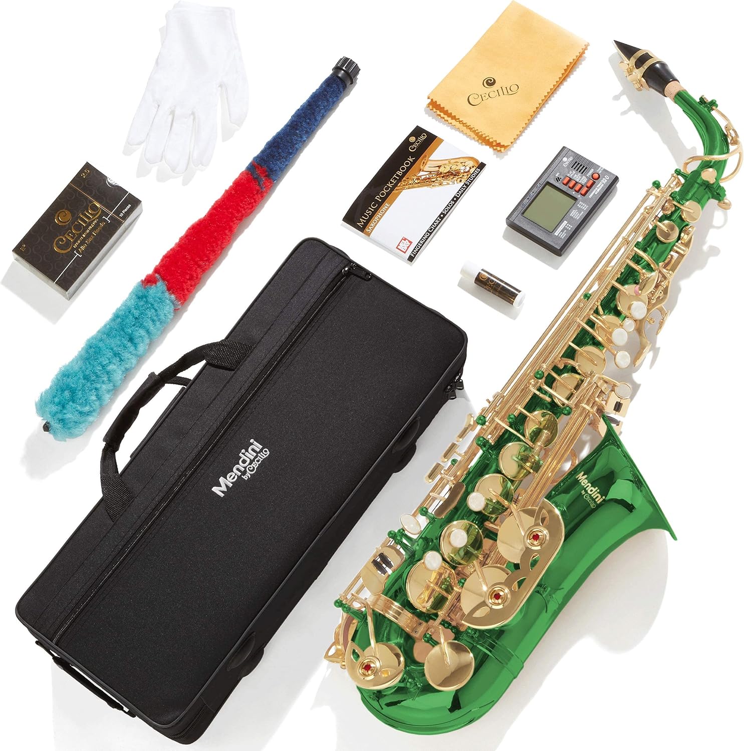 Mendini By Cecilio Alto Saxophone for Beginners, E Flat Alto Saxophone for Students Musicians with Tuner, Mouthpiece, Case, 10 Reeds, Grease, Cleaning Cloth & Rod, Gloves, Strap, Lesson Book (Green)