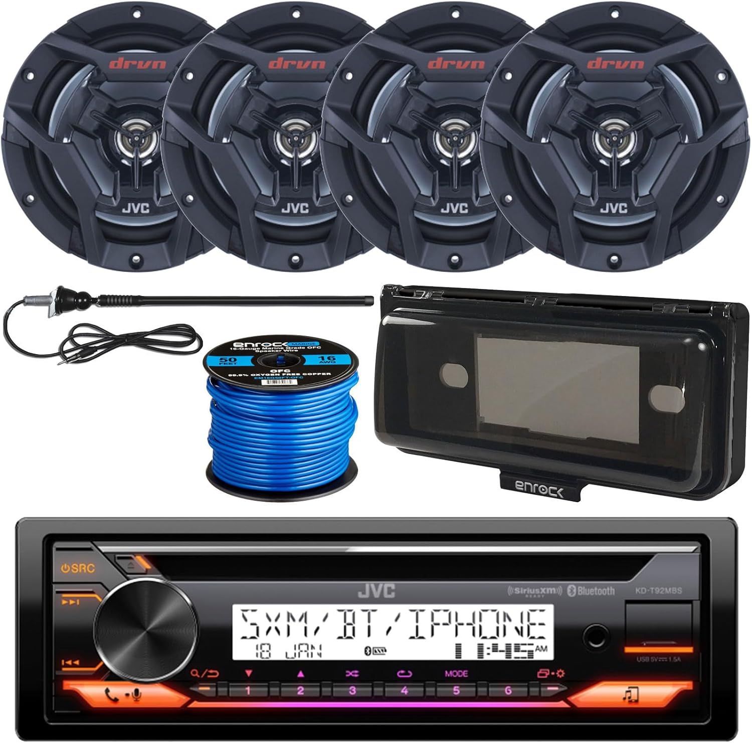 Single DIN Marine Bluetooth USB AUX AM/FM Radio CD Player Receiver Bundle Combo with 4x 6.5
