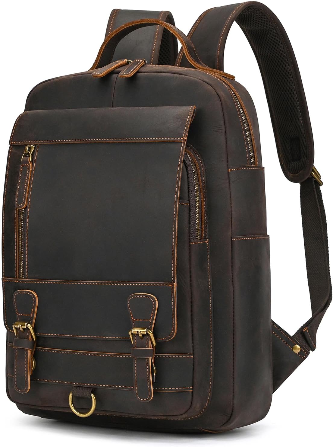 Full-grain Genuine Leather Shoulder Bag for Men Vintage Backpack Slim Daypack Laptop Rucksack Business Travel Outdoor Bag, Dark Brown