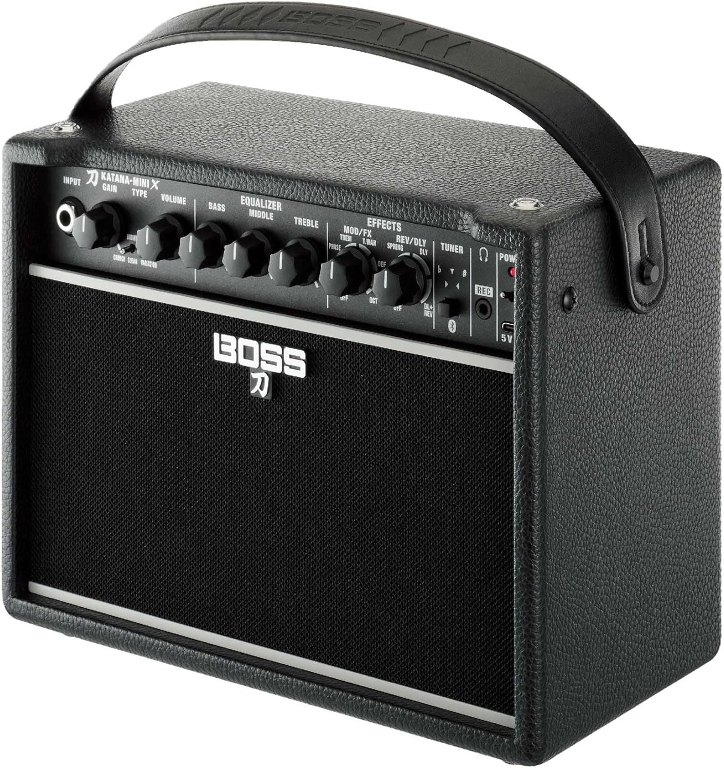 Boss Katana-Mini X 10-Watt 1x5-Inch Portable Guitar Amplifier Bundle with Gearlux Power Supply, Instrument Cable, Austin Bazaar Exclusive 24-Pack Picks, and Polishing Cloth