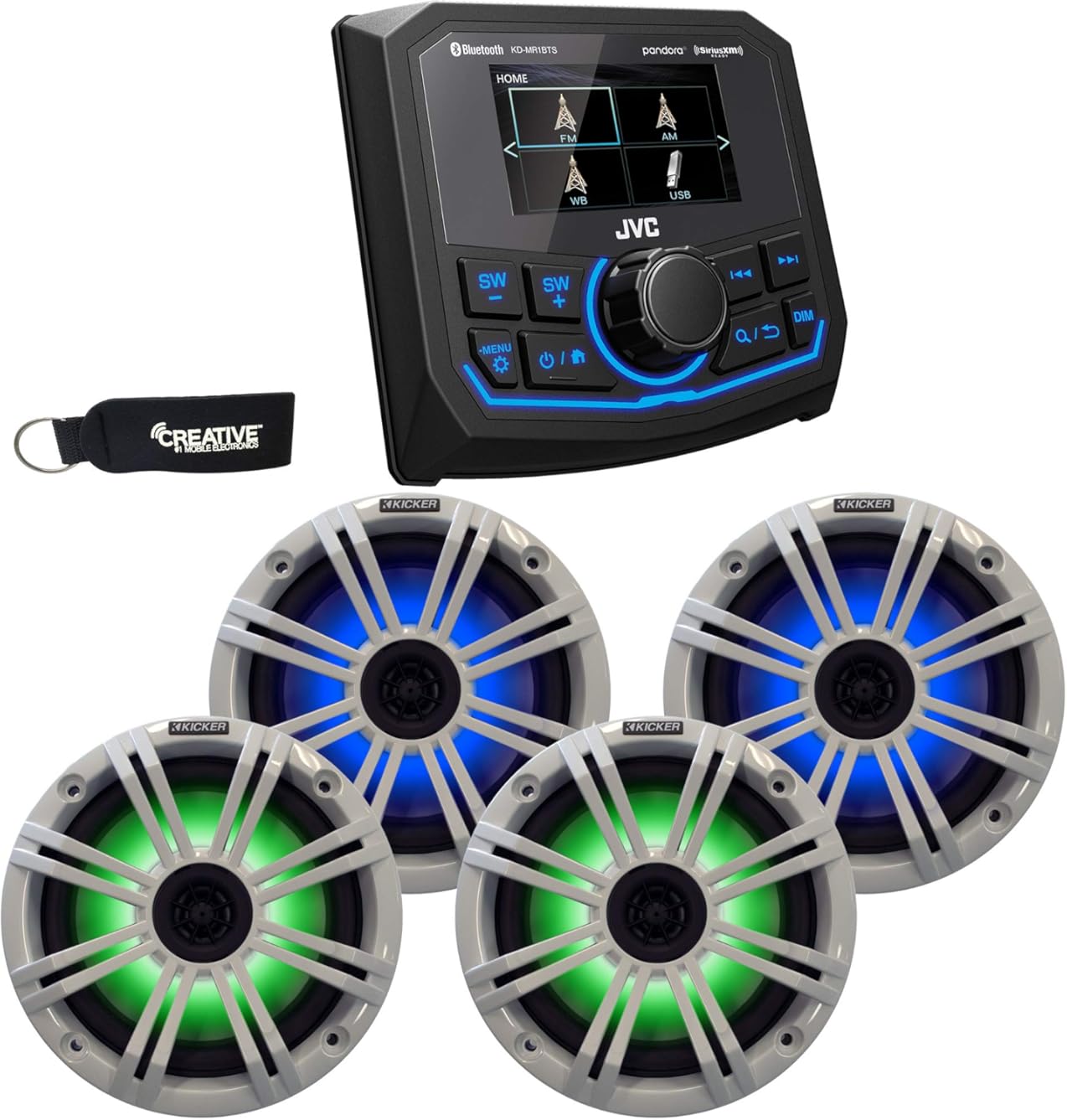 JVC KD-MR1BTS Bluetooth Marine Receiver w/Two Pairs of Kicker LED Marine OEM Replacement Speakers - White