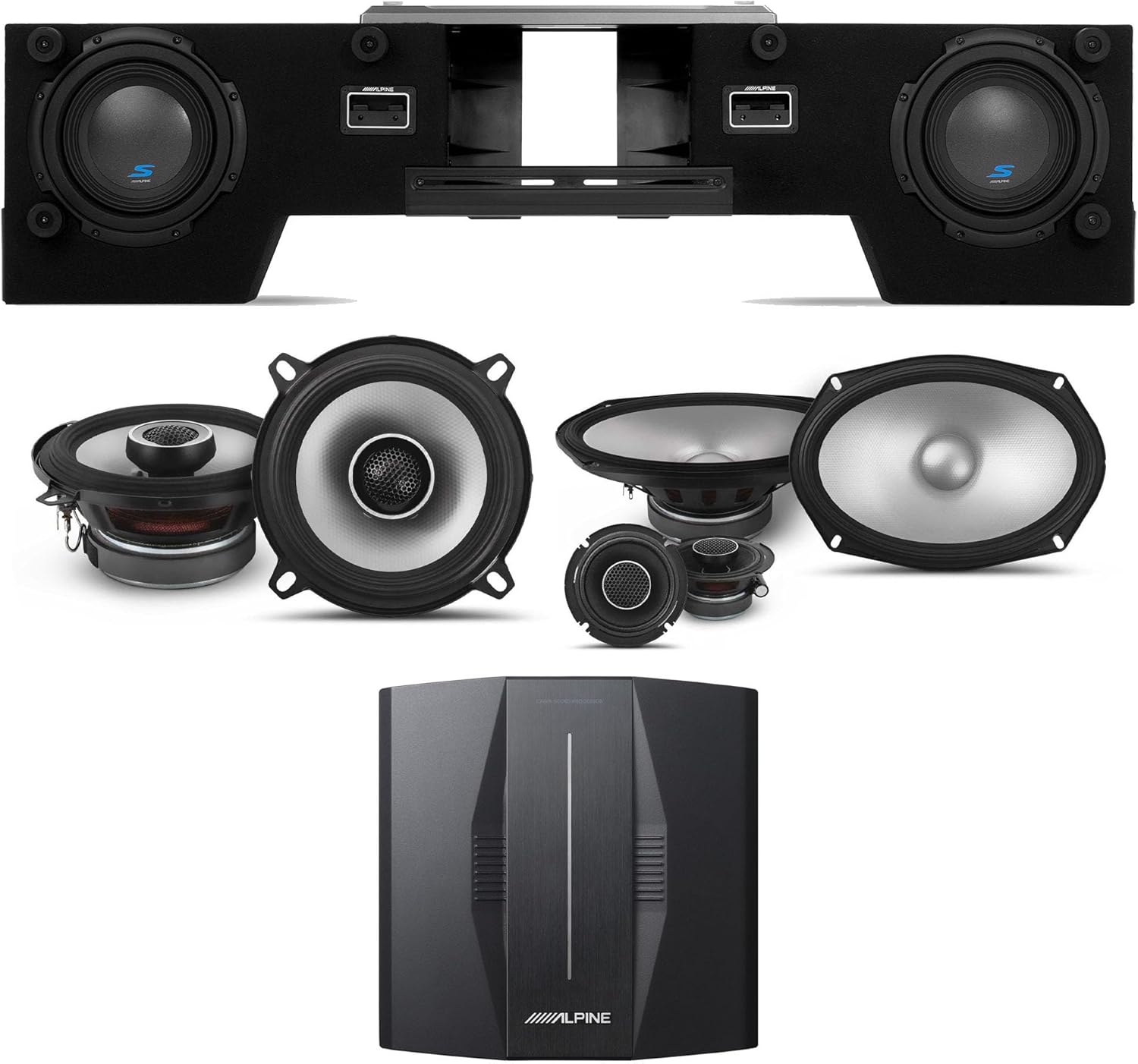 Alpine PXE-C80-88 OPTIM8 8-Channel Hi-Res Digital Sound Processor Amplifier w/S-DB8V-TRK Dual 8” Preloaded Truck Sub Enclosure & S2-S69C 6x9 & 5.25