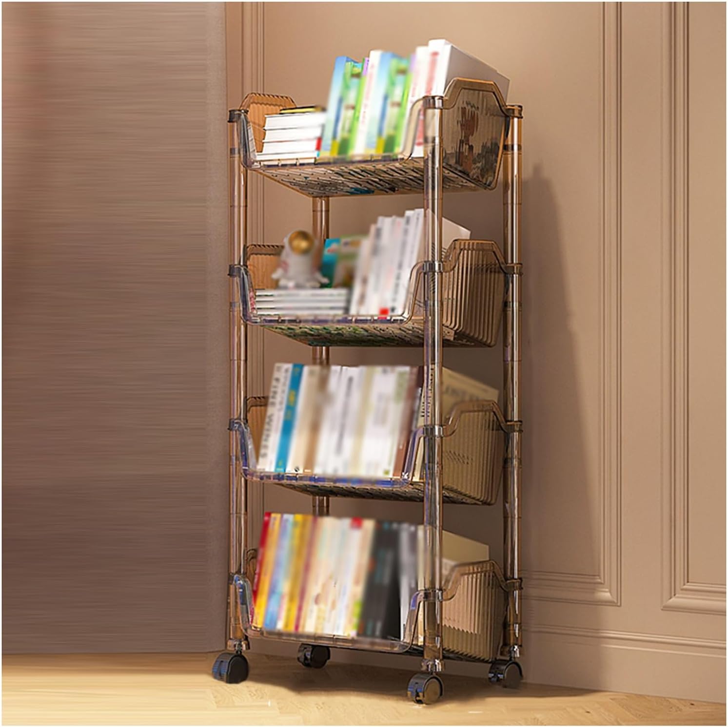 3/4/5 Cube Bookshelf, Multi-Layer Home Desk Side with Wheels, Suitable for Living Room, Study Room, Reading Corner (Transparent Gray)(5tier) ()