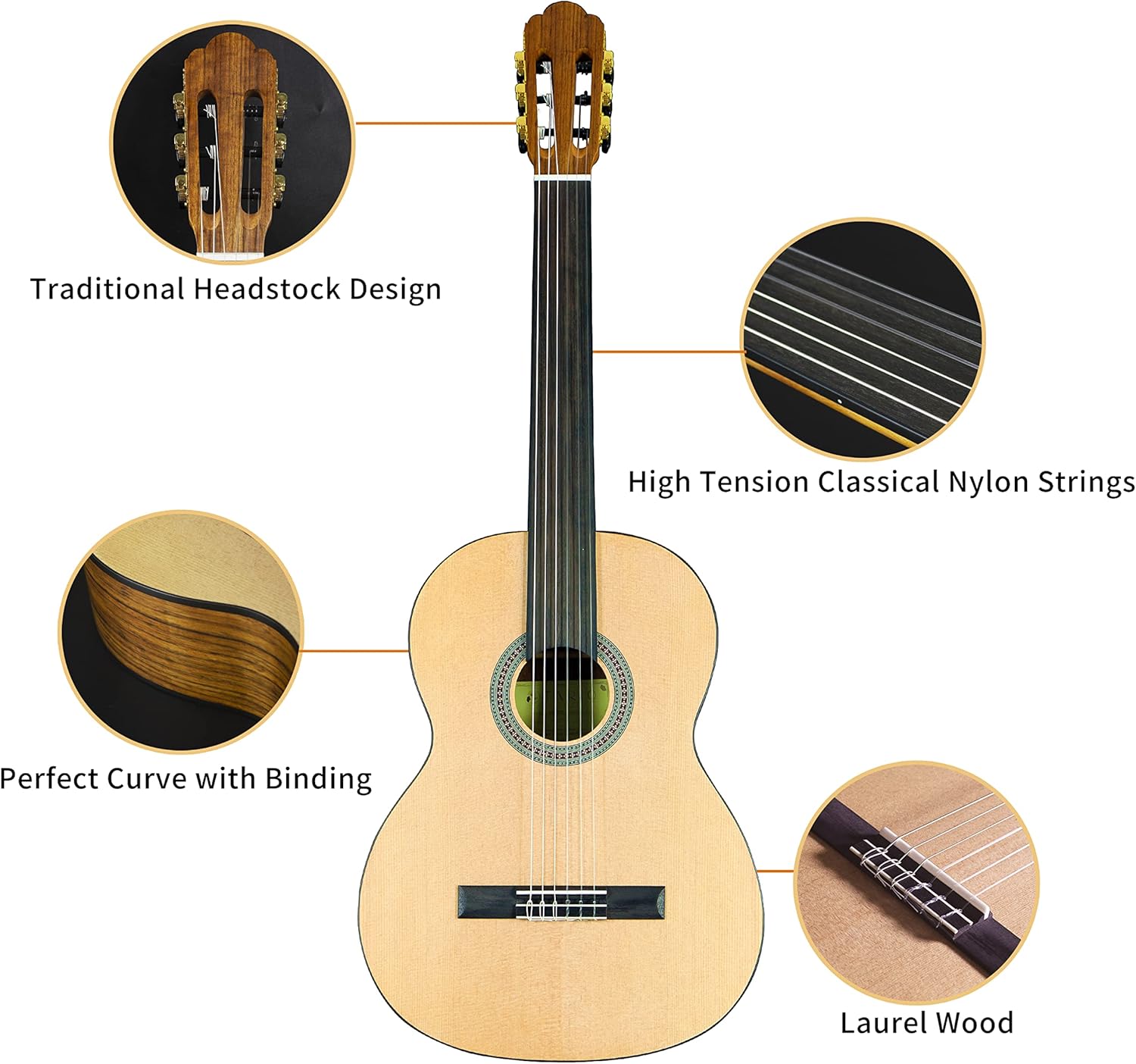 TARIO 39 Inch Fretless Classical Guitar Full Size Acoustic Guitar Spruce top Ovangkol back and sides Okoume neck laurel fingerboard