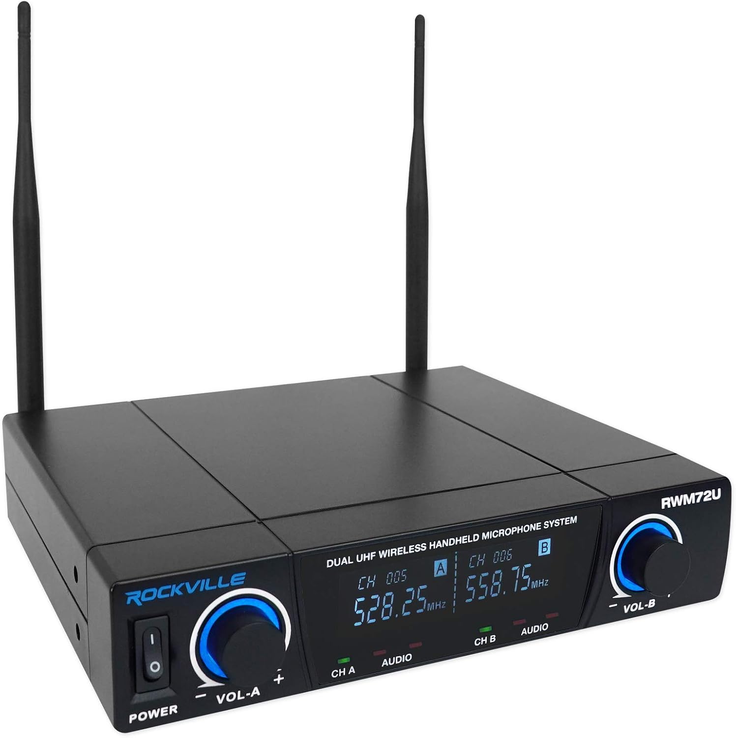 Rockville RWM72U Dual UHF Wireless Handheld Microphone System, Digital Display, Long Range, Noise Filter, for Karaoke and Live Performances