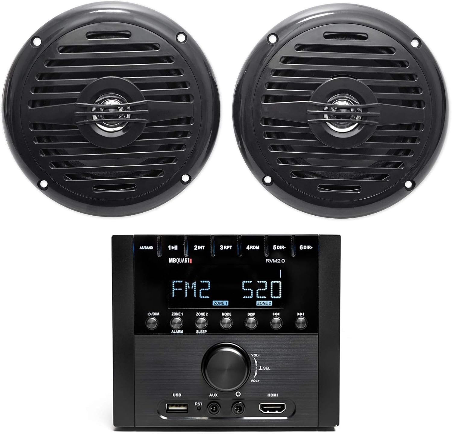 MB Quart RVM2.0 2-Zone RV Receiver Bluetooth Radio Stereo Bundle with Pair Rockville MS525B 5.25