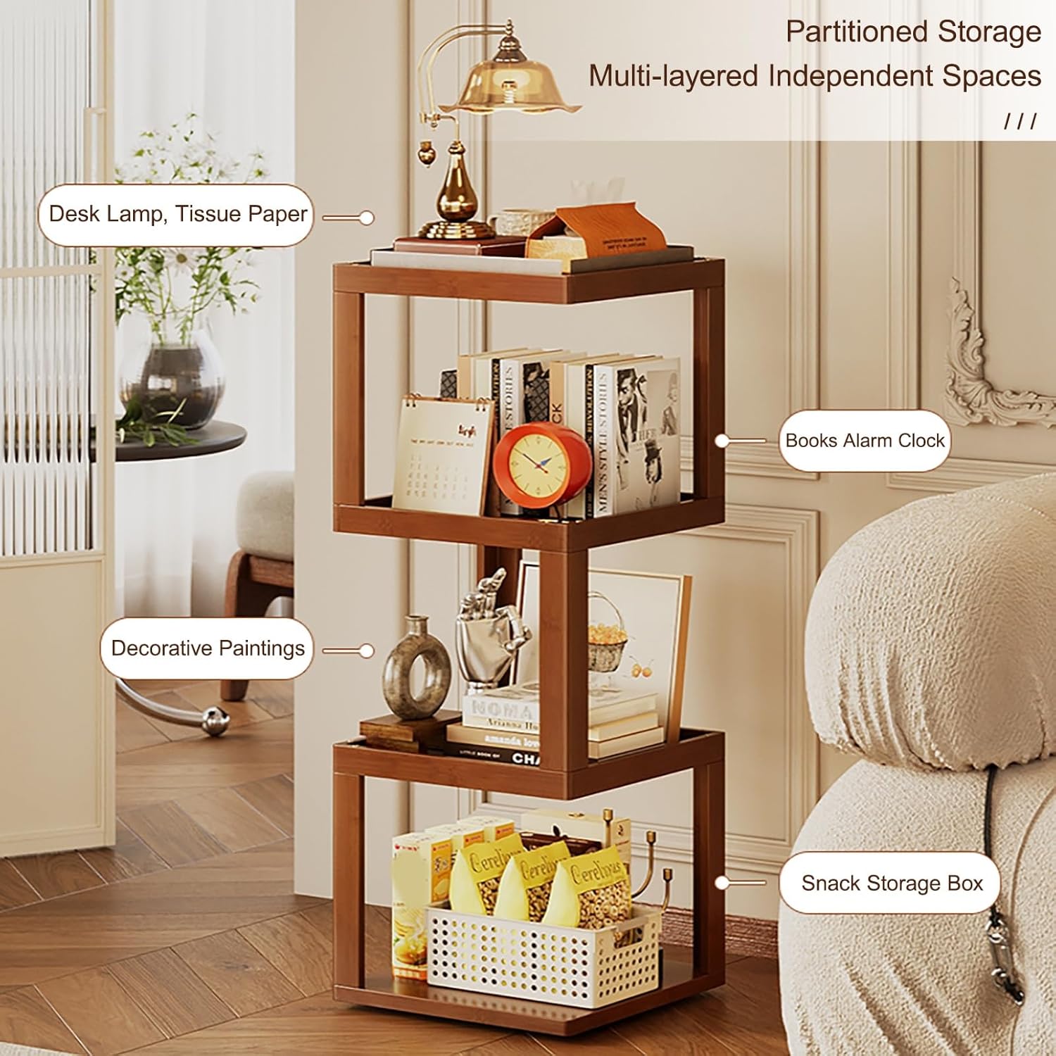 Rolling End Table Open Bookshelf 360° Spinning Book Shelf Tower for Kids, Small Book Storage Shelves Rotating Bookcase for Small Space Corner Bedroom(64cm/25in)