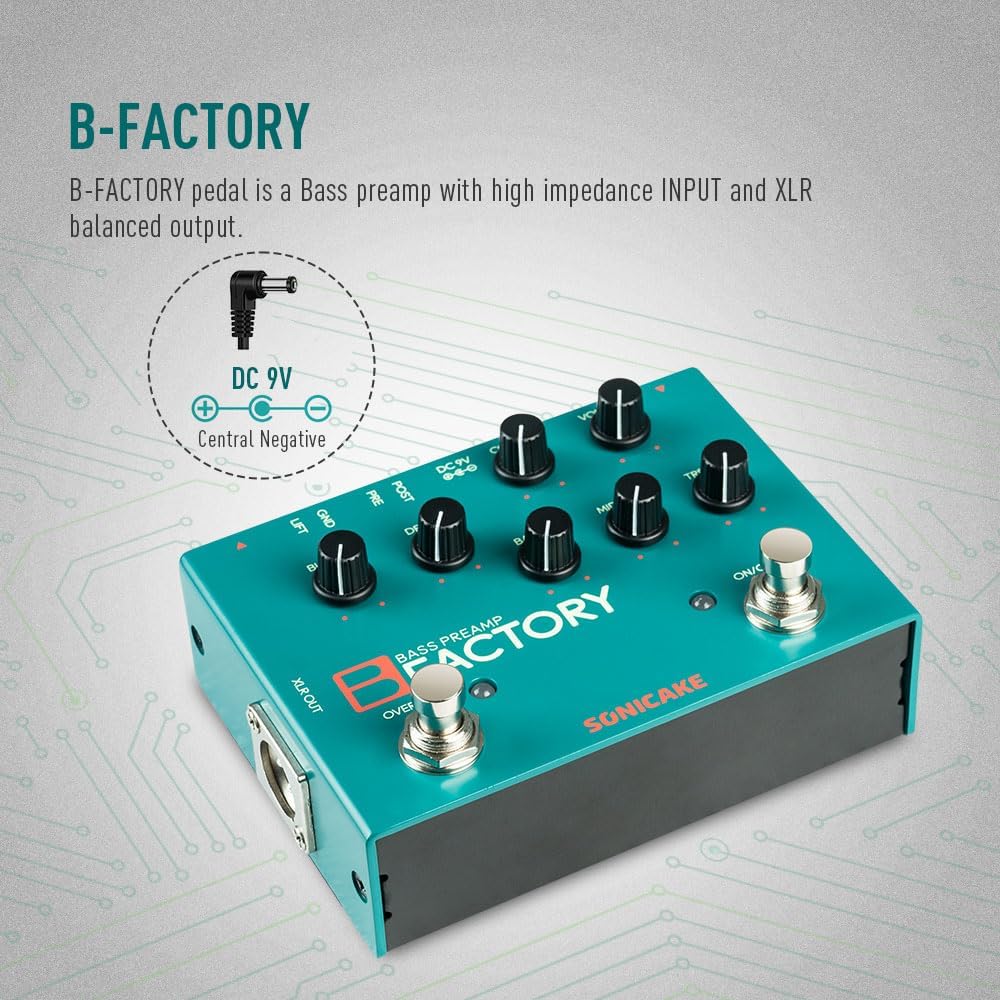 SONICAKE Bass Pedal with Overdrive Analog Preamp Compression Effects Pedal and 3-Band EQ Via Pre/Post Selection with XLR Output - B Factory