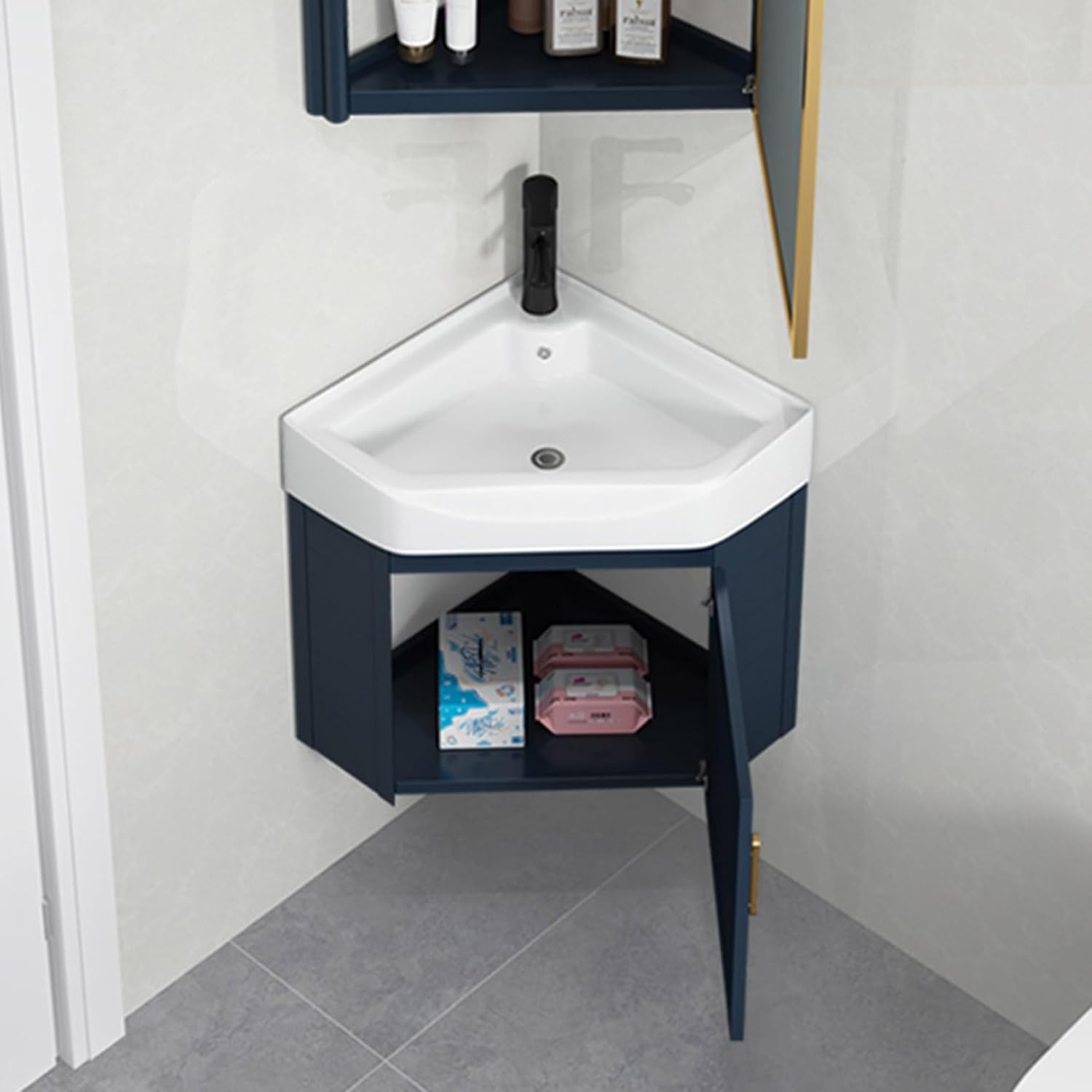 Bathroom Corner Basin Sinks,Wall Mount Vessel Sink,Bathroom Cabinet with Faucet and Drain,Ceramic Sink,for Small Space Wall Mounted Floating Cabinet(Size:56 * 43cm)