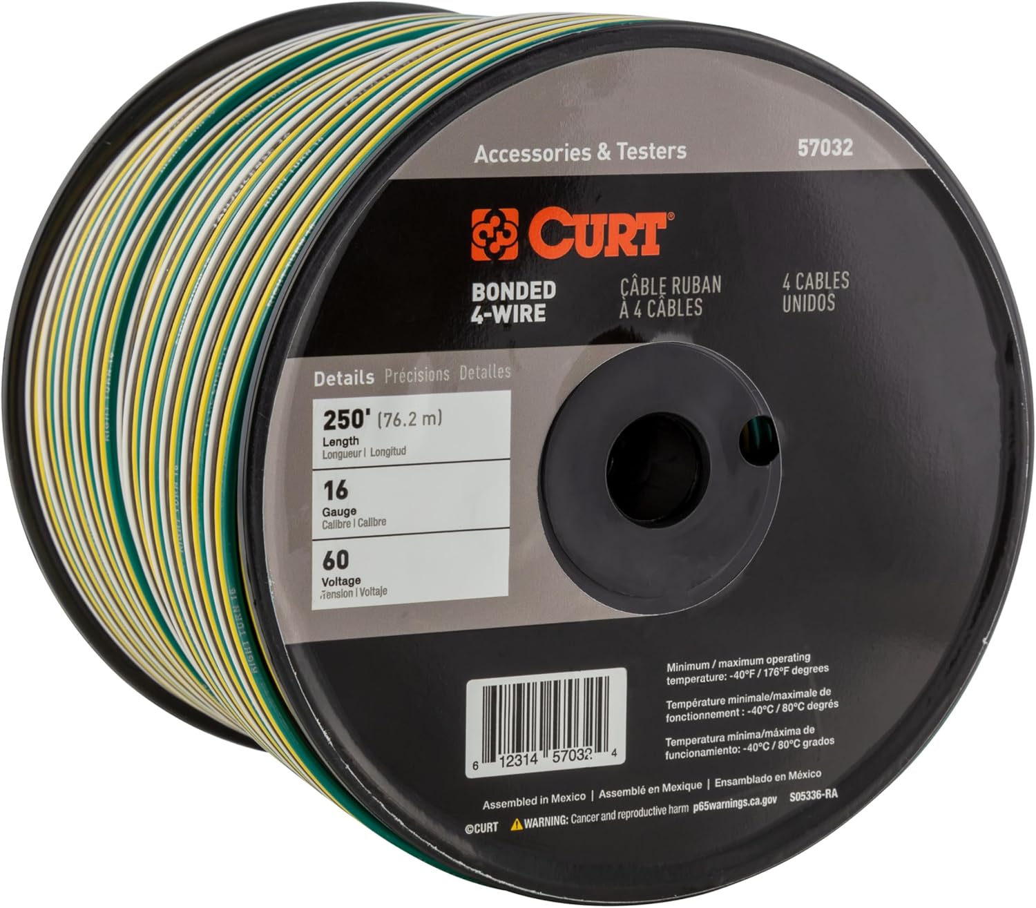 CURT 57032 Automotive Primary Wire, 4-Bond White, Brown, Yellow, Green 250-Foot Trailer Wiring Spool, 4-Way Flat, 60-Volt, 16-Gauge