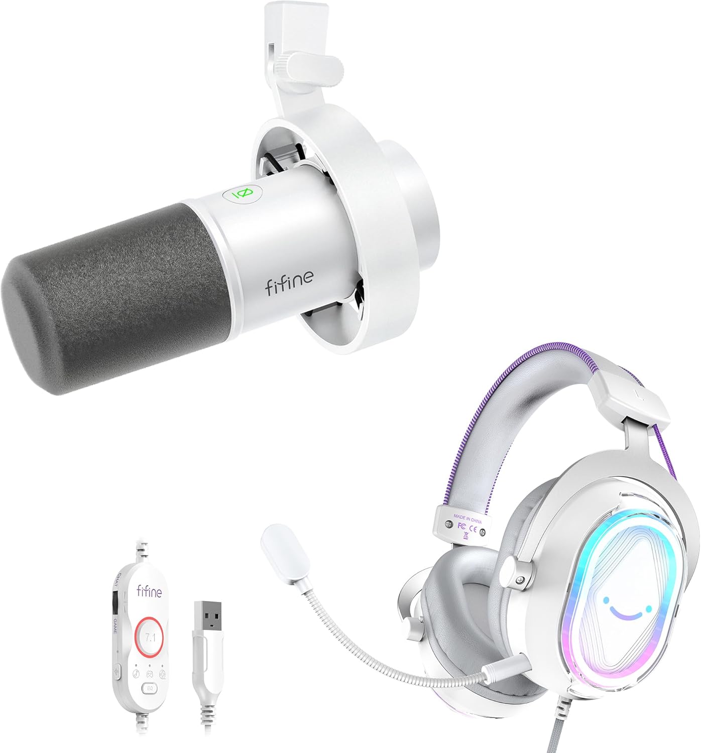 FIFINE Studio Recording Mic with Gaming Headset Bundle, XLR/USB Dynamic Microphone for Podcast with Tap-to-Mute, Monitoring, Over-Ear Headset with Flowing RGB, Soft Ear Pads for Streaming-K688W+H13WP