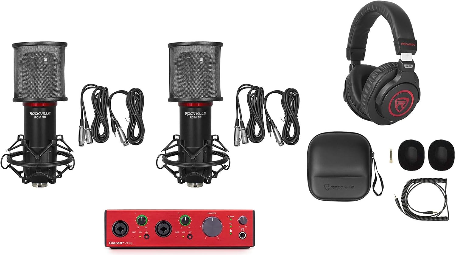 Audiosavings Bundle: Focusrite Clarett+ 2Pre USB-C Audio Recording Interface Bundle with (2) Rockville PRO-M50 SR Studio Headphones+(2) RCM SR Studio/Recording Condenser Microphone (4 Items)