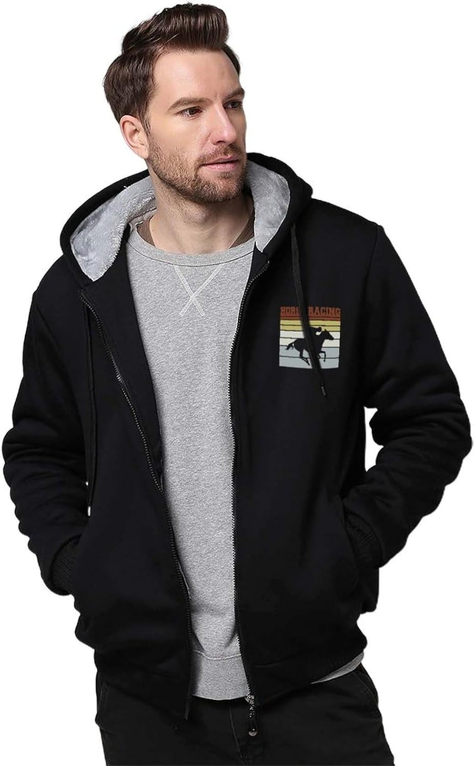 Vintage Horse Racing Team Fleece Hoodie for Men Hooded Sweatshirt Full-zip Hoodies