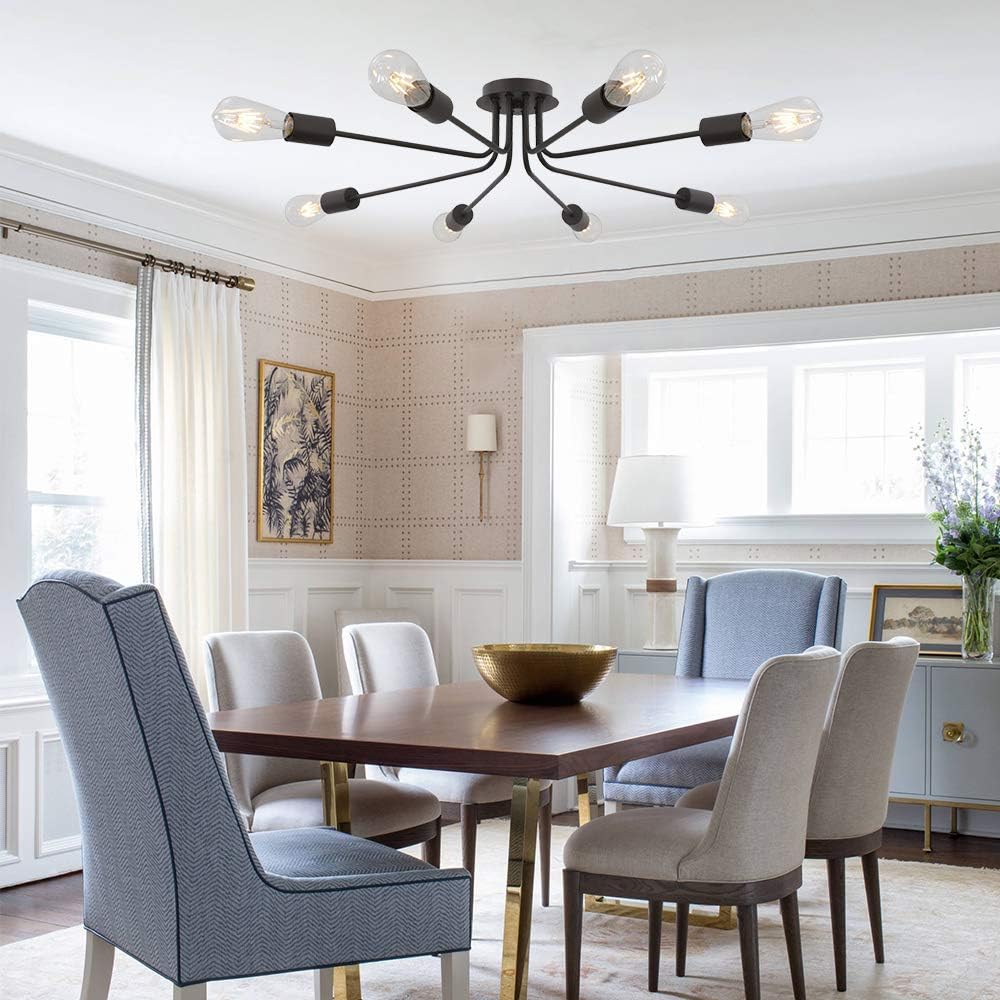 Modern 8 Light Ceiling Light Industrial Metal Oil Rubbed Bronze Sputnik Chandelier Semi Flush Mount Light for Dining Room Living Room Kitchen Bedroom Cafe Bar Hallway