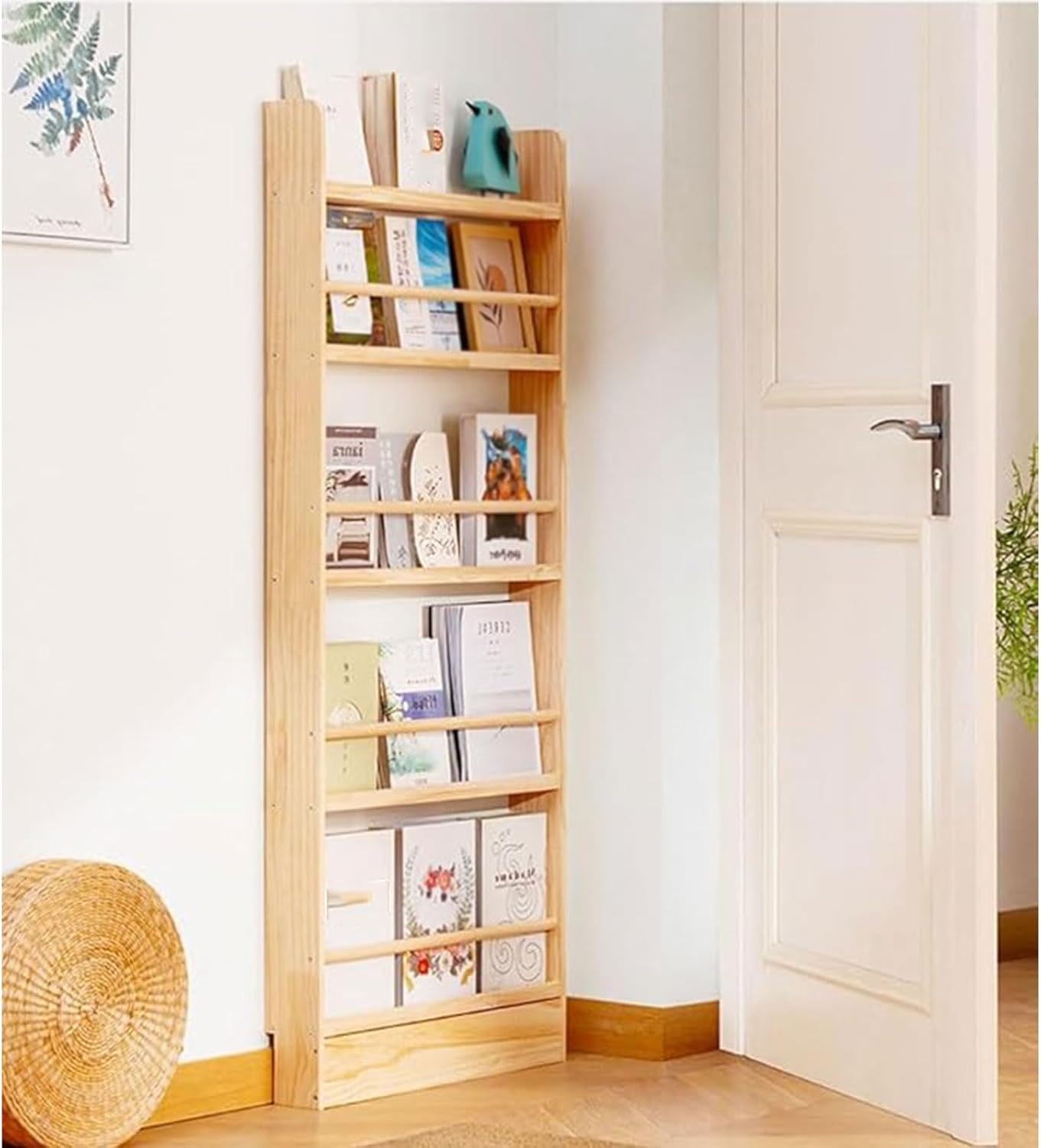 Behind The Door Bookshelf Solid Wood Bookcases with Open Display Shelves Behind The Door Storage Organizer for Toys and Books Space-Saving Wall Mount Narrow Book Shelf,60 * 10 * 143cm