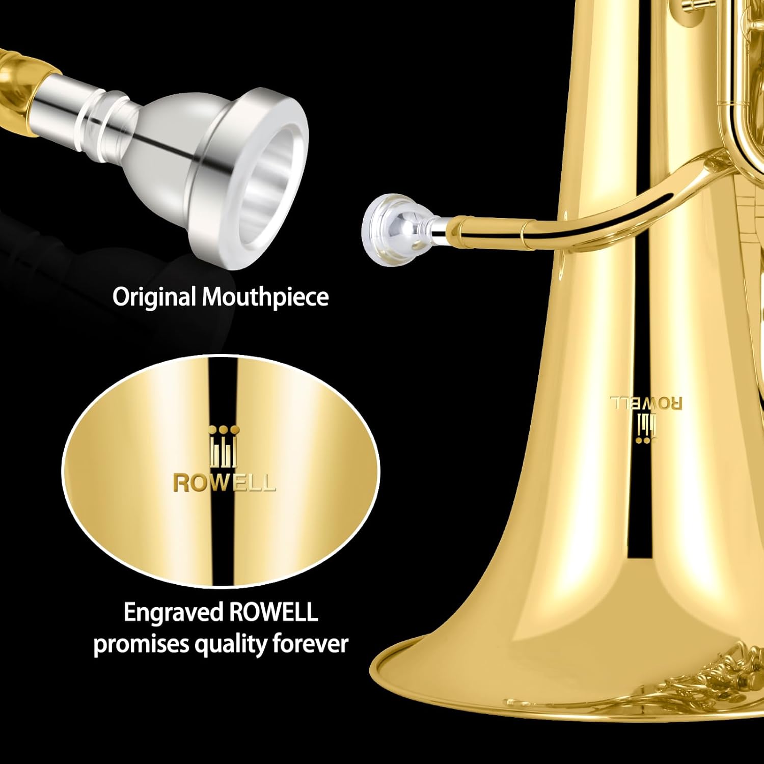 ROWELL Bb Euphonium Brass Horn 4 Valves Euphonium with Case & Care Kit - Includes Mouthpiece, Polishing Cloth, Gloves & More, Featuring Large Bell & Stainless Steel Valves for Rich Sound
