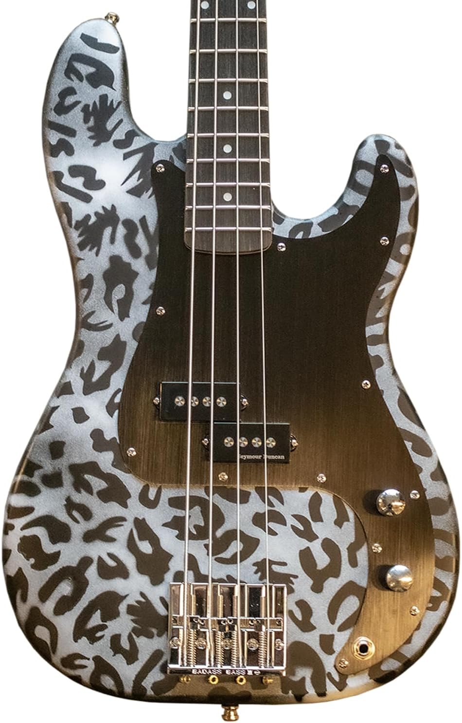 Sawtooth Johnny Martin Black and White Signature Leopard Skin Electric Bass Guitar w Padded Gig Bag