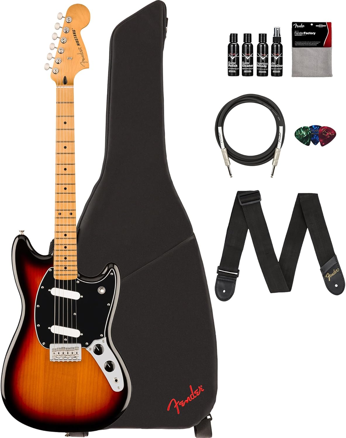 Fender Player II Mustang - 3-Color Sunburst Bundle with Gig Bag, Strap, Cable, 3-Pack Picks and Guitar Cleaning Kit