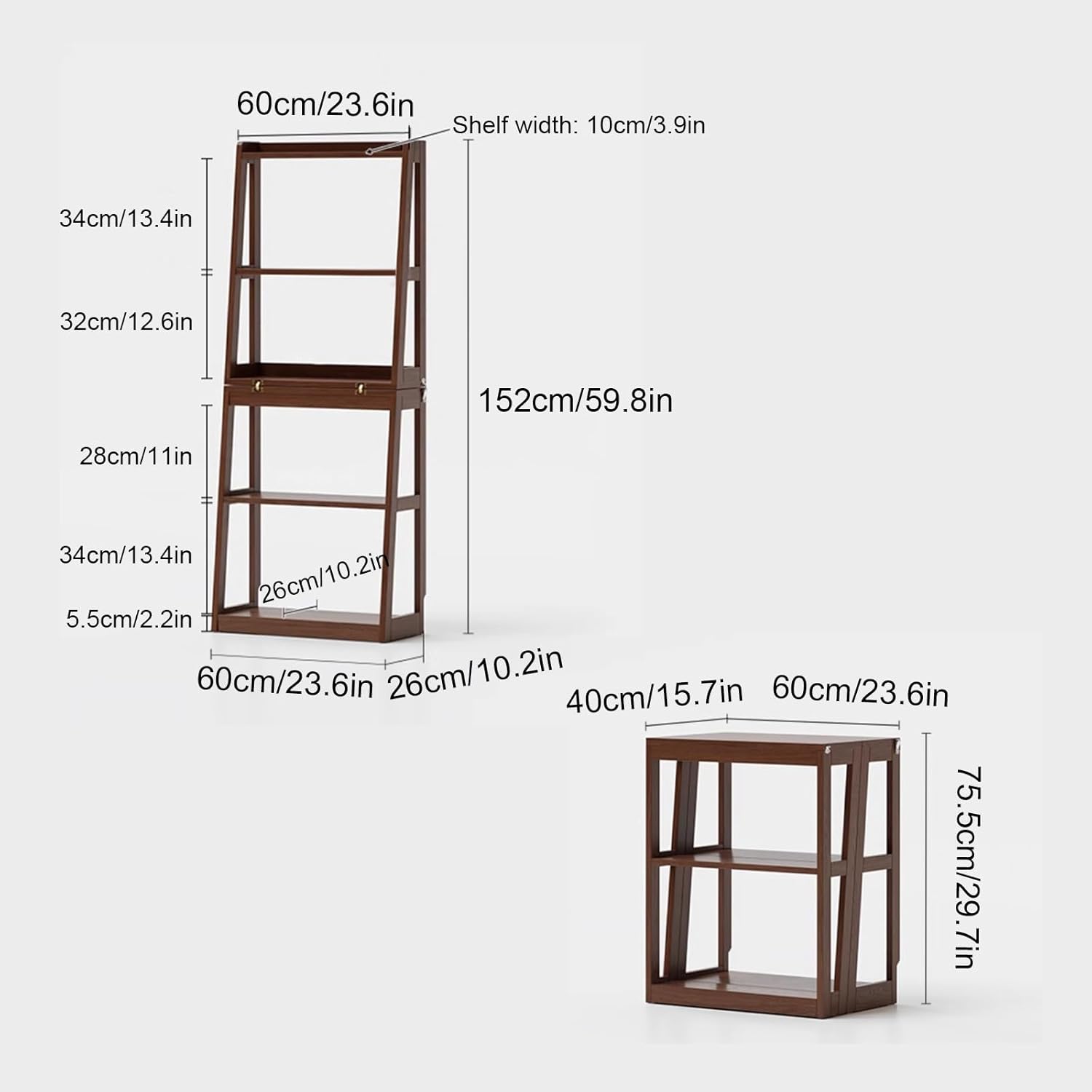 Bookcase with Foldable, Vertical Bookshelf, Modern Floor Standing Display Rack, Solid Wood Storage Organizer, for Home Office, Living Room, Bedroom(Brown)