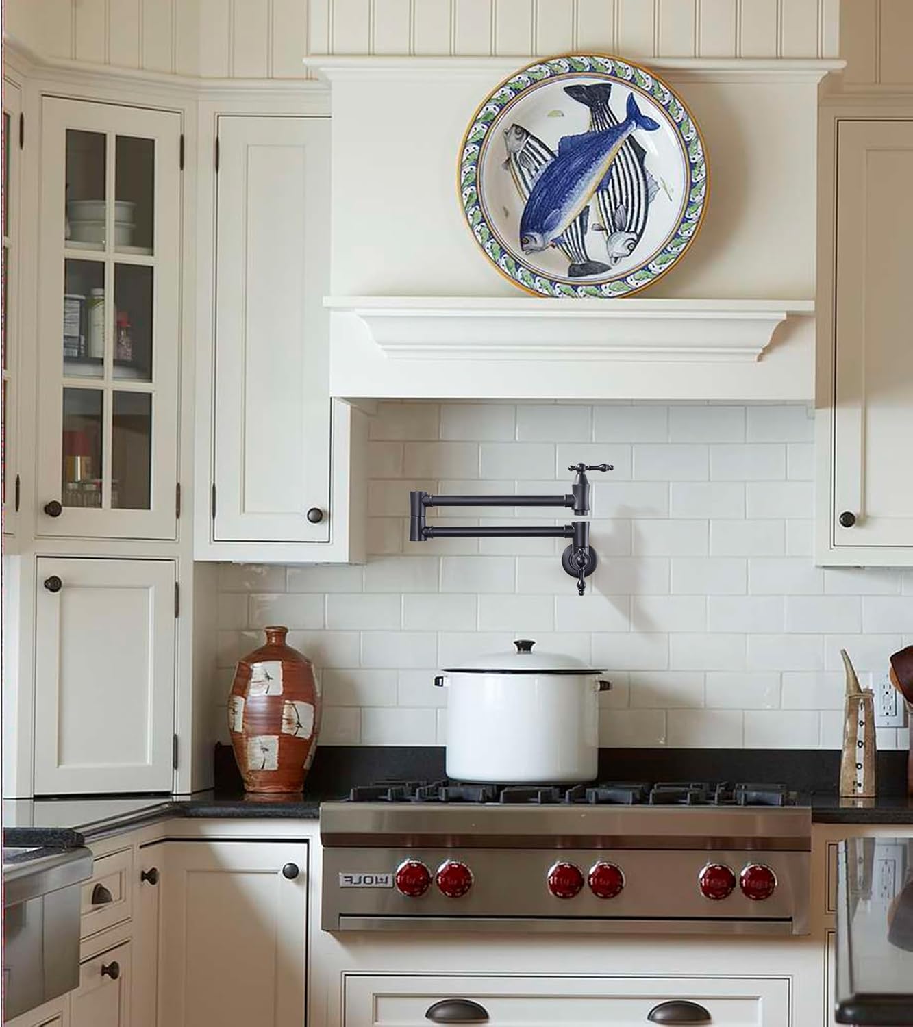 Brass Pot Filler Faucet Black: Wall Mount Commercial Pot Filler with Double Joint Swing Arms - Traditional 2 Handle Kitchen Pot Faucet Over Stove