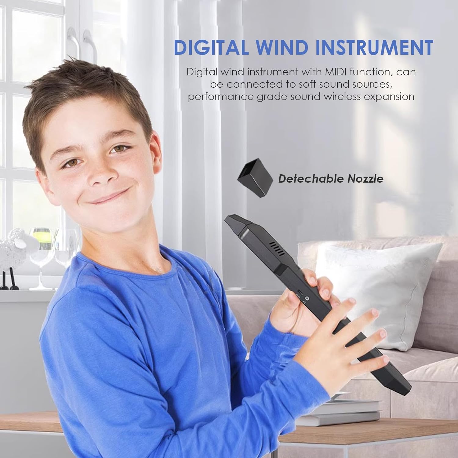 Digital Wind Instrument, Mini MIDI Electric Saxophone, with 10 Tones and 12 Accompaniments, Built in 800mAh Battery, with Removable Nozzle (Black)