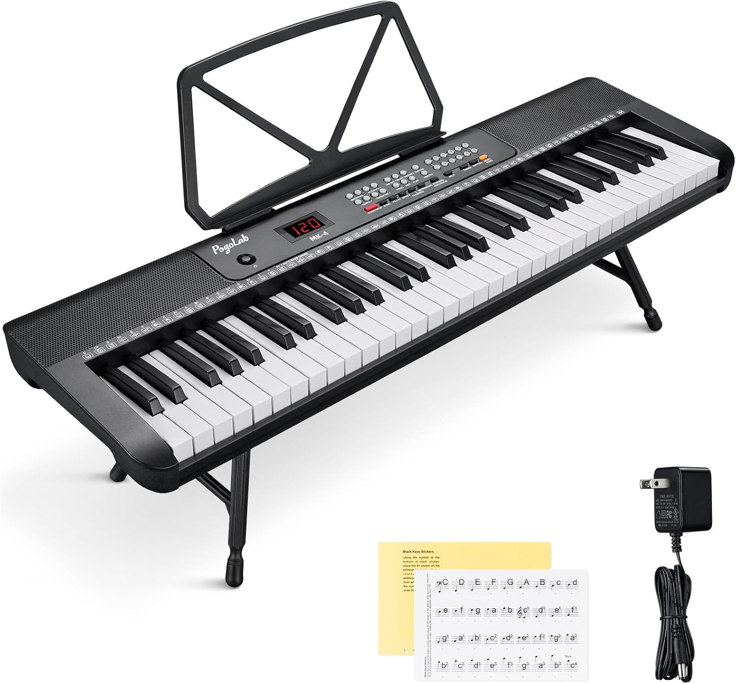 61 Keys Compact Keyboard Piano with Foldable Mini Stand, Built-in 255 Sounds, 255 Rhythms, 24 Demos, Includes Sheet Music Stand, Note Stickers & Power Supply, Gift for Beginners, Black