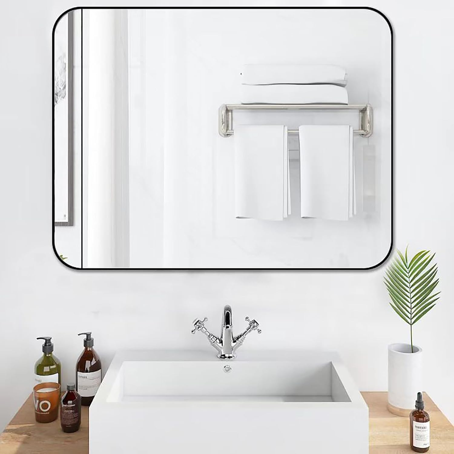 Punch Free Modern Bathroom Mirror, Three Color Frame Square Corner Rectangular Bathroom Wall Mount Vanity Mirror for Bedroom Living Room, Horizontal Or Vertical Hang(Size:60*100cm/23*39in,Color:Gold)
